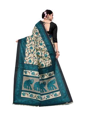 Cream printed taffeta saree with blouse 2