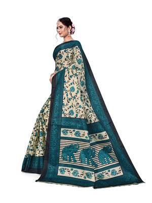 Cream printed taffeta saree with blouse 4