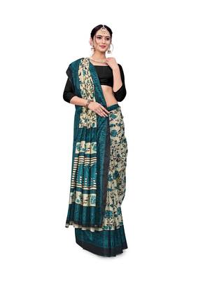 Cream printed taffeta saree with blouse 5
