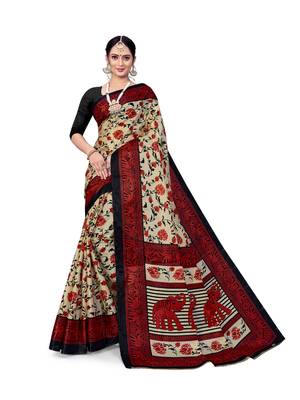 Cream printed taffeta saree with blouse 1