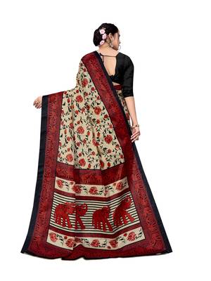 Cream printed taffeta saree with blouse 2