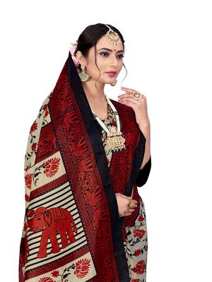 Cream printed taffeta saree with blouse 4