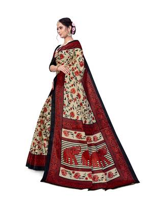 Cream printed taffeta saree with blouse 5