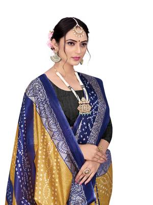 Mustard printed taffeta saree with blouse 4