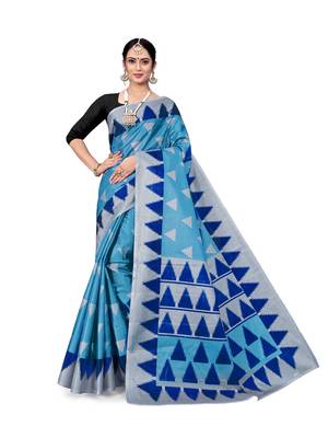 Sky blue printed taffeta saree with blouse 1