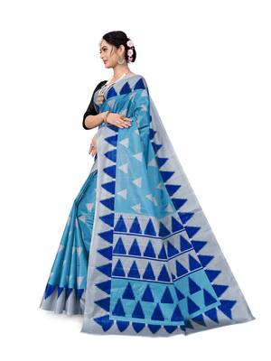 Sky blue printed taffeta saree with blouse 4