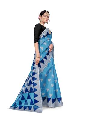 Sky blue printed taffeta saree with blouse 5