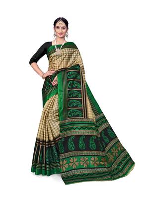 Teal printed taffeta saree with blouse 1
