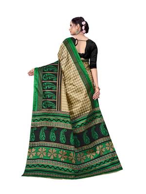 Teal printed taffeta saree with blouse 2
