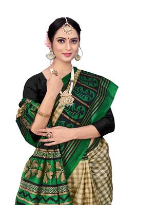 Teal printed taffeta saree with blouse 4