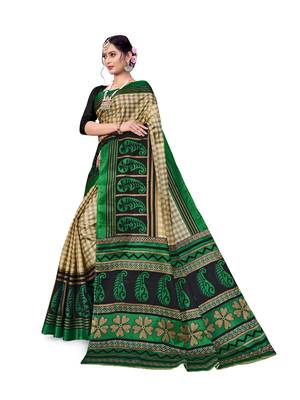 Teal printed taffeta saree with blouse 5