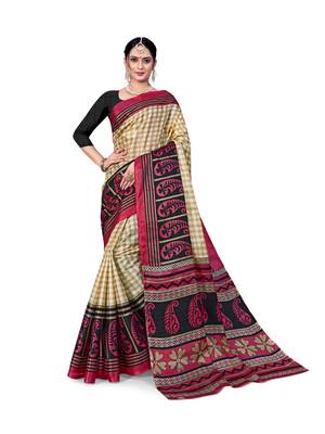 Maroon printed taffeta saree with blouse 1