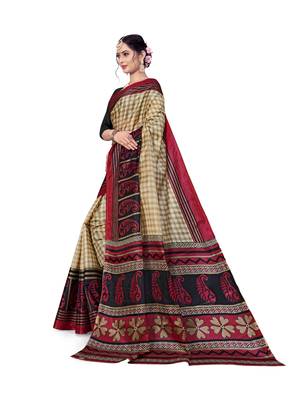 Maroon printed taffeta saree with blouse 5