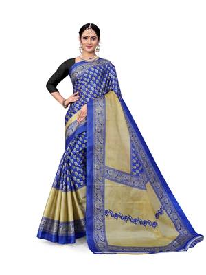 Blue printed taffeta saree with blouse 1