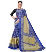 Blue printed taffeta saree with blouse