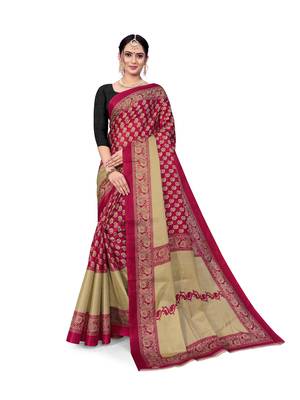 Maroon printed taffeta saree with blouse 1