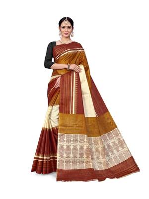 Cream printed taffeta saree with blouse 1