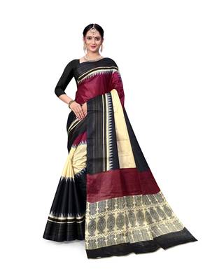 Cream printed taffeta saree with blouse 1