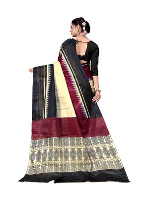 Cream printed taffeta saree with blouse 2