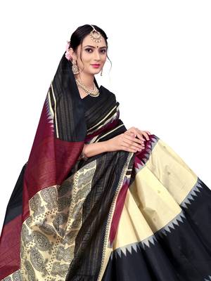 Cream printed taffeta saree with blouse 4