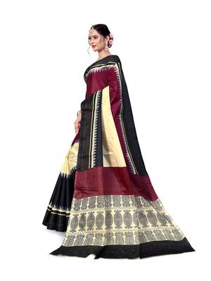 Cream printed taffeta saree with blouse 5