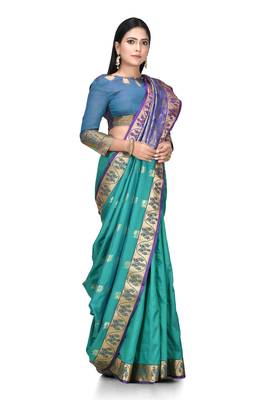 Green woven art silk saree with blouse 1