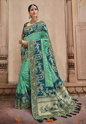 light blue embroidered banarasi silk saree with blouse 1