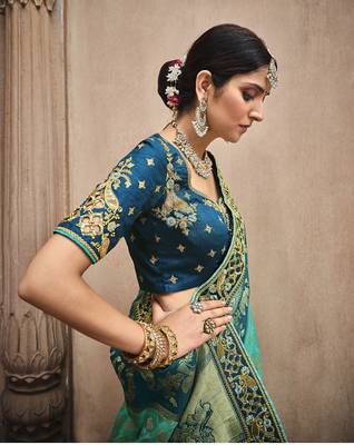 light blue embroidered banarasi silk saree with blouse 2