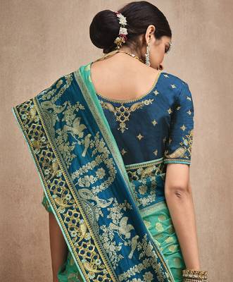 light blue embroidered banarasi silk saree with blouse 3