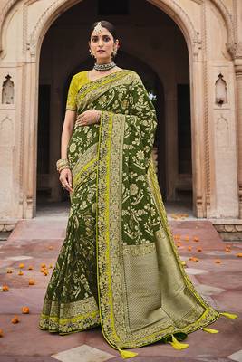 Mehendi embroidered banarasi silk saree with blouse 1