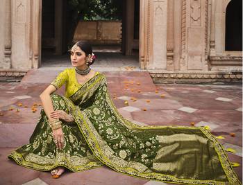 Mehendi embroidered banarasi silk saree with blouse 2