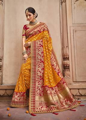 Orange embroidered banarasi silk saree with blouse 1