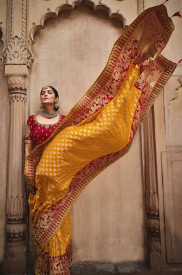 Orange embroidered banarasi silk saree with blouse 2