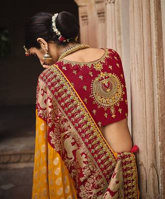 Orange embroidered banarasi silk saree with blouse 4
