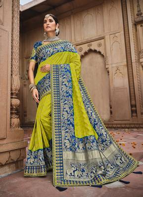 parrot green embroidered banarasi silk saree with blouse 1