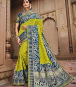 parrot green embroidered banarasi silk saree with blouse