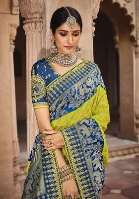 parrot green embroidered banarasi silk saree with blouse 2
