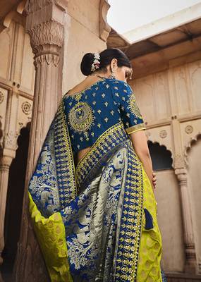 parrot green embroidered banarasi silk saree with blouse 3