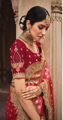 Pink embroidered banarasi silk saree with blouse 2