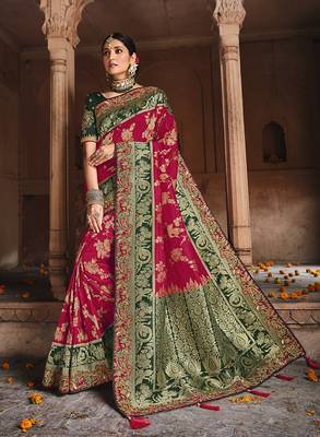 dark pink embroidered banarasi silk saree with blouse 1