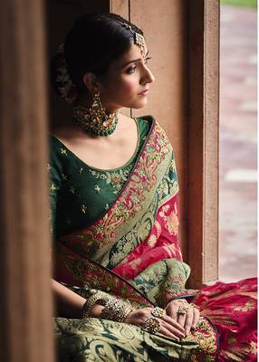 dark pink embroidered banarasi silk saree with blouse 2