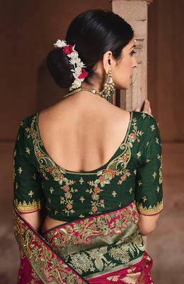 dark pink embroidered banarasi silk saree with blouse 3