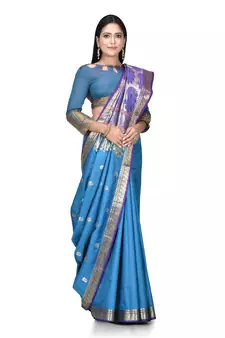 Blue woven art silk saree with blouse
