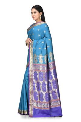 Blue woven art silk saree with blouse 2