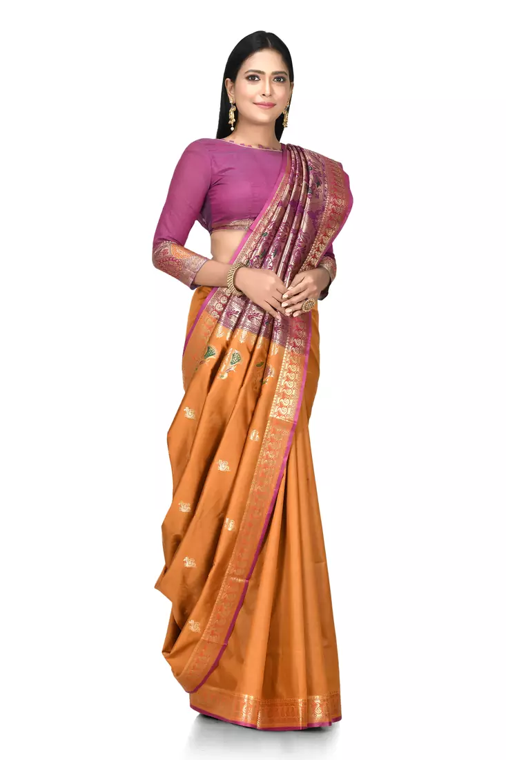 Rust woven art silk saree with blouse