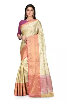 Beige woven art silk saree with blouse