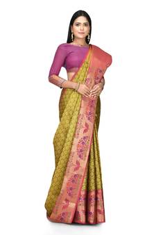 Olive woven art silk saree with blouse