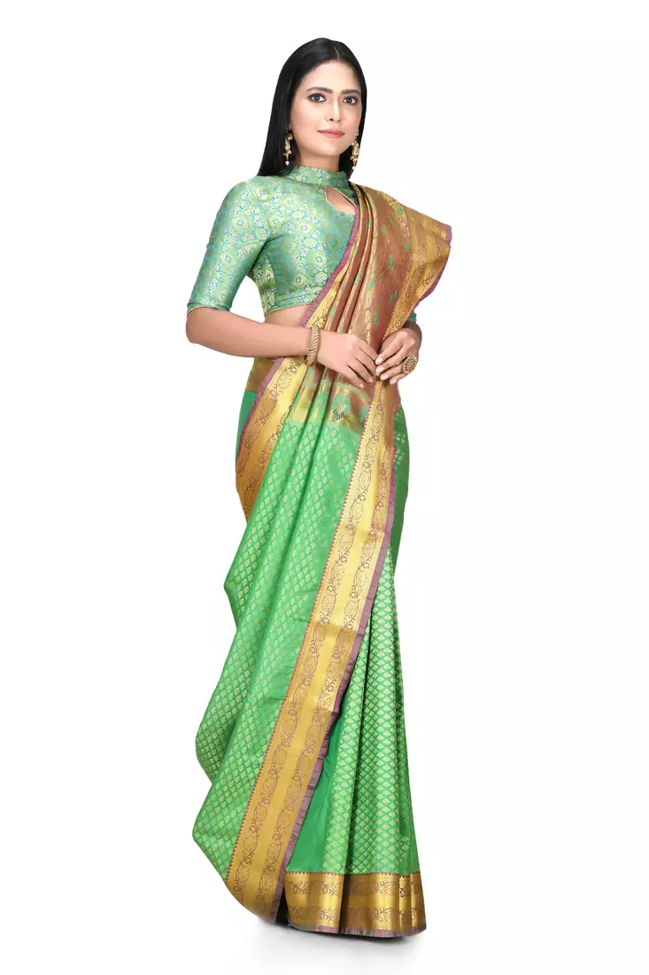 Green woven art silk saree with blouse
