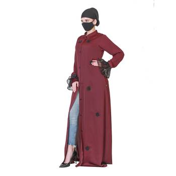 Front Open Abaya Like Dress With Handwork On Bodice And Organza Sleeves. 4