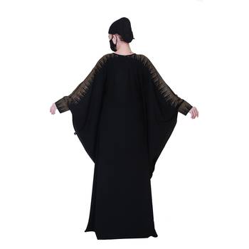 Beautiful Black Kaftan Abaya With Golden Stonework And A Matching Hijab. 5
